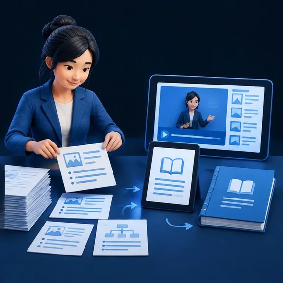 Minh họa: kiến thức được đóng gói thành bài học video, ebook và tài liệu.