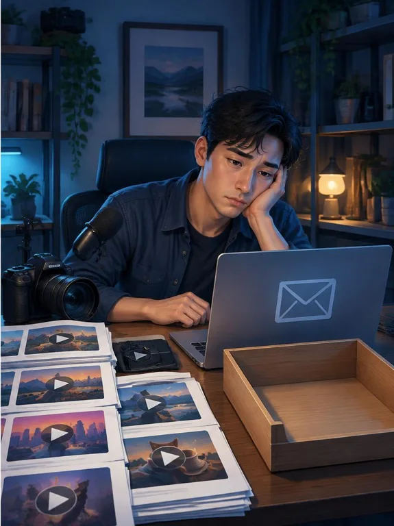 Minh họa giả định: người làm nội dung có nhiều video đã hoàn thành nhưng khay thư hỏi mua vẫn trống.